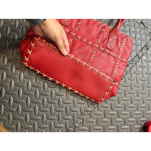 BERGE ITALY GENUINE LEATHER TOTE BAG RED w/ TAUPE STITCHING BOHO WOMENS PURSE - Picture 2 of 11